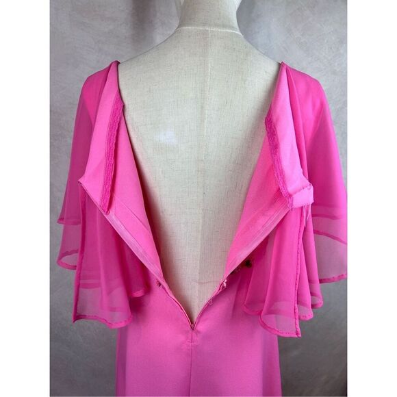 Vintage 1970s Hot Pink Evening Gown Dress Mod MCM Disco Floral Medium Sheer - Picture 7 of 8